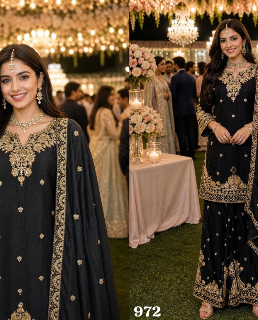 BLACK - Chinon Silk Black Party Wear Embroidery Work Readymade Plazzo Suit