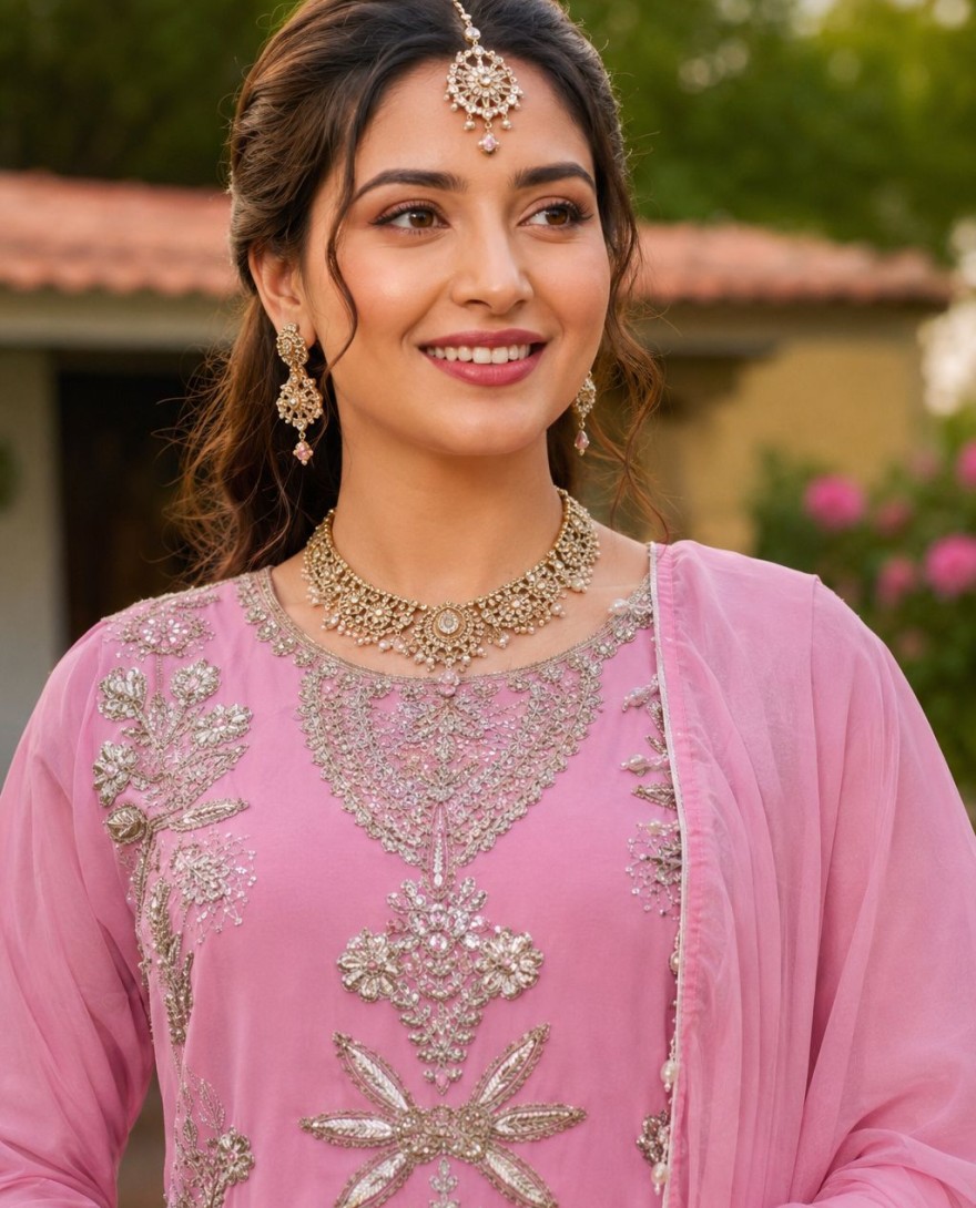 PINK - Georgette Embroidered Pink Palazzo Salwar Kameez