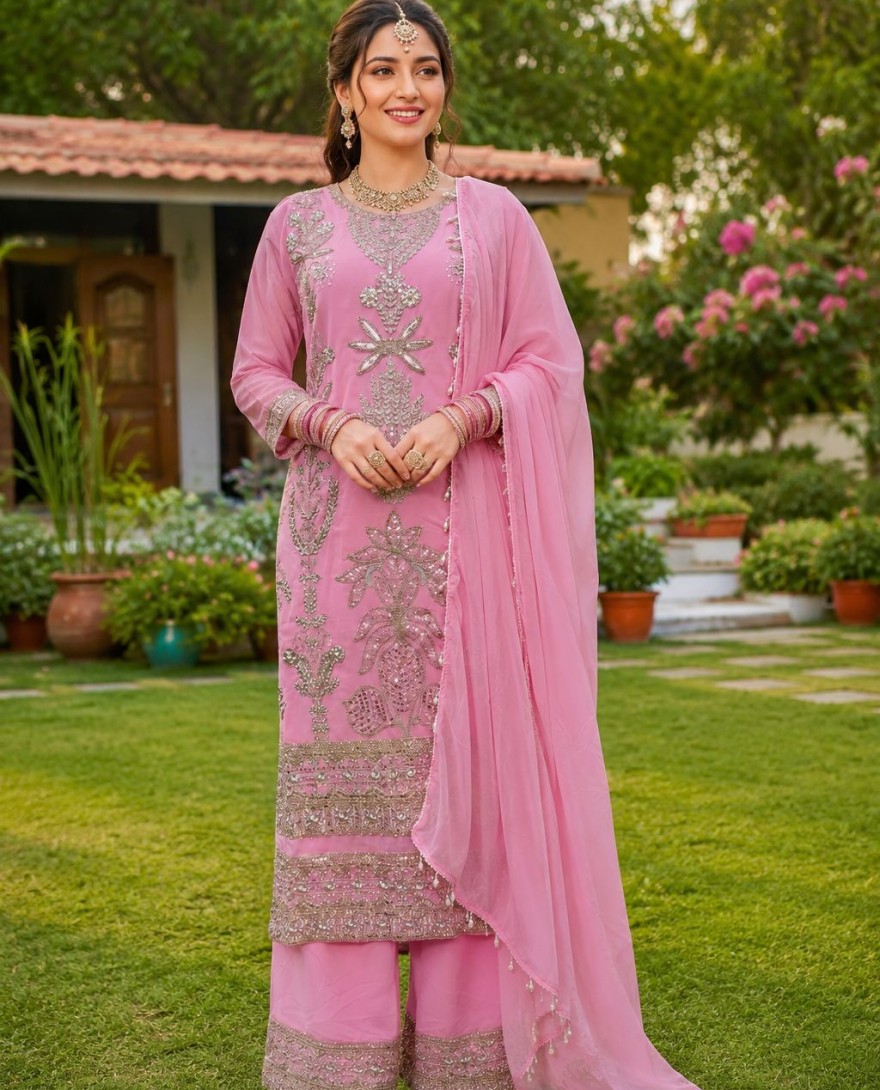 PINK - Georgette Embroidered Pink Palazzo Salwar Kameez