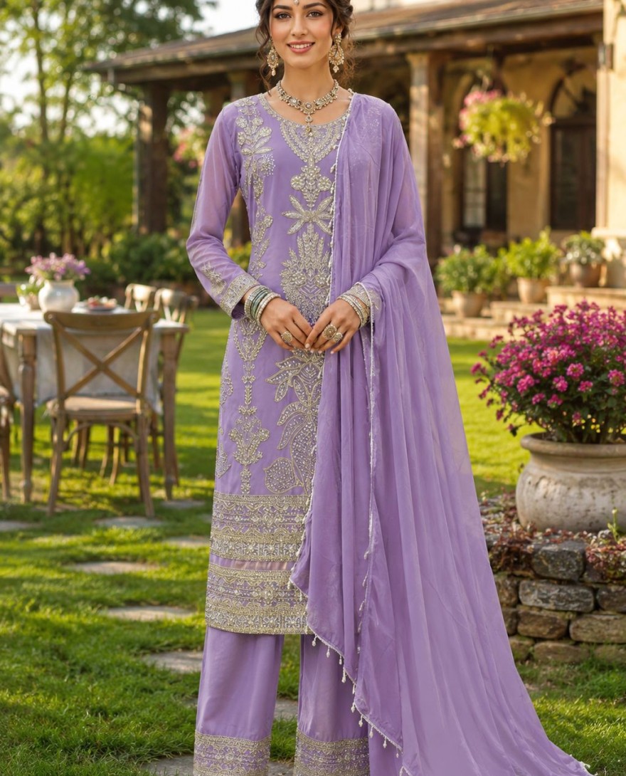 PURPLE - Auspicious Lavender Embroidered Georgette Salwar Kameez
