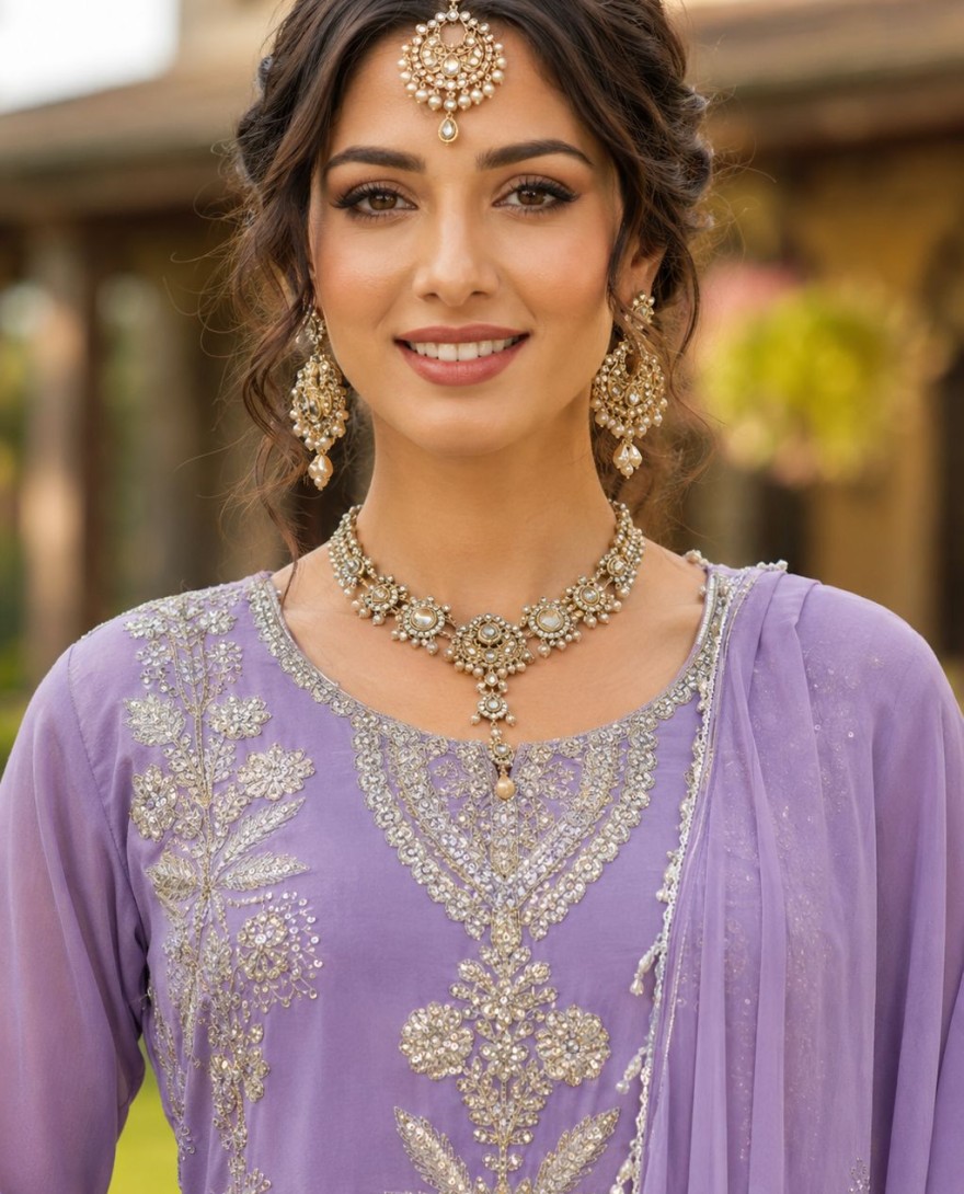 PURPLE - Auspicious Lavender Embroidered Georgette Salwar Kameez