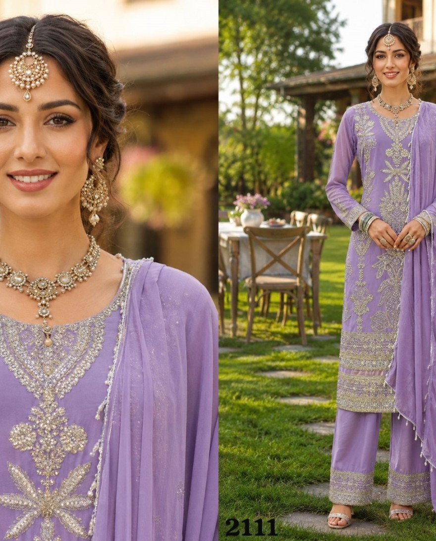PURPLE - Auspicious Lavender Embroidered Georgette Salwar Kameez