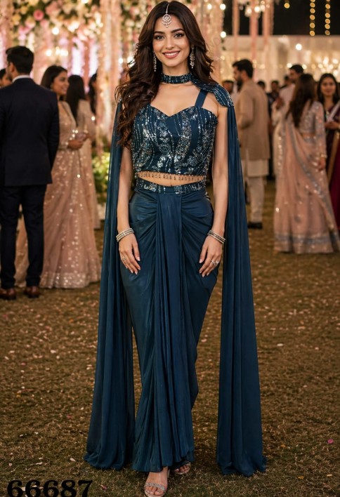 Navy Blue Pr-Stitched Saree With Sequin Cape Style