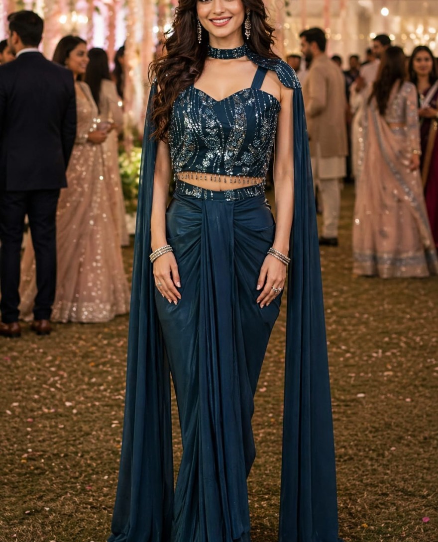 BLUE - Navy Blue Pr-Stitched Saree With Sequin Cape Style
