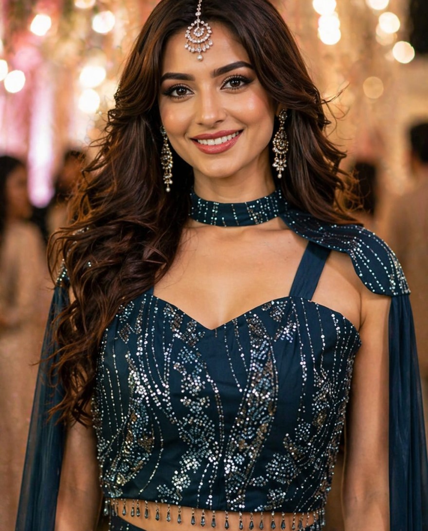 BLUE - Navy Blue Pr-Stitched Saree With Sequin Cape Style