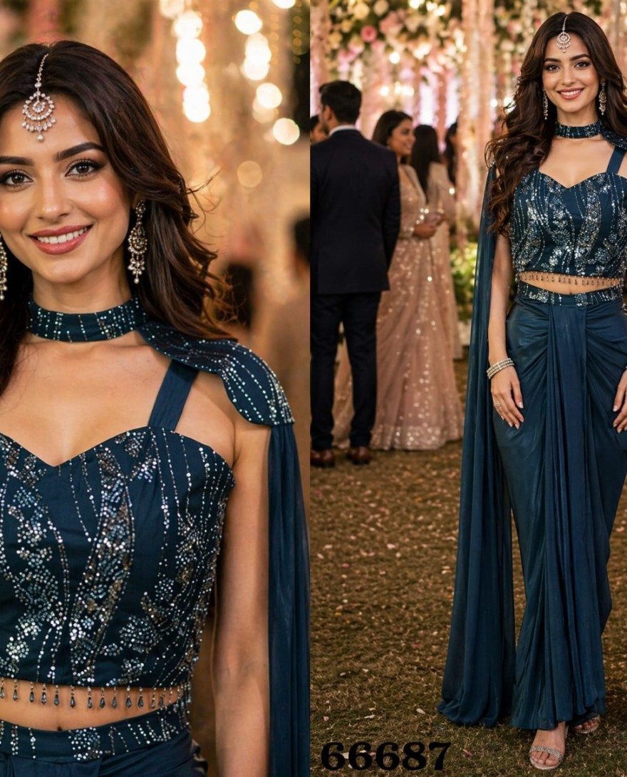 BLUE - Navy Blue Pr-Stitched Saree With Sequin Cape Style