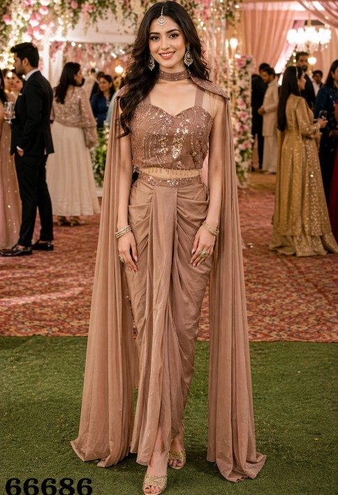 Brown Pre-Stitched Saree With Embellished Cape