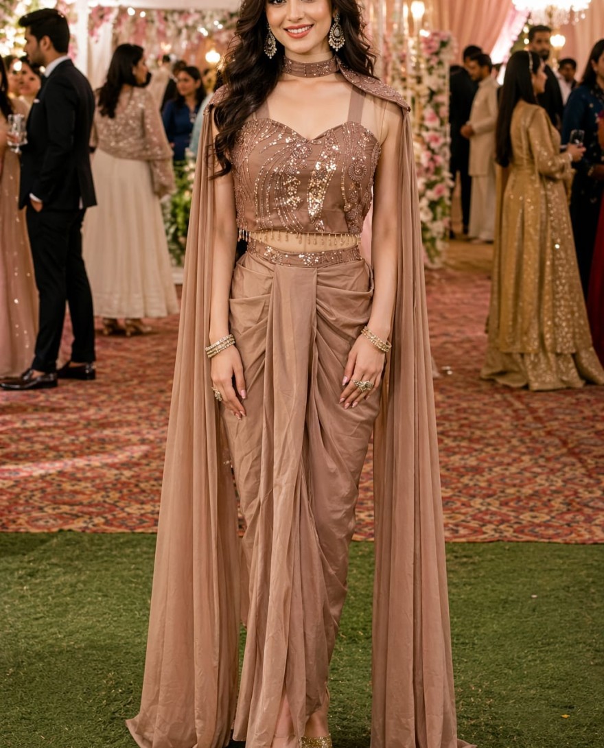 BROWN - Brown Pre-Stitched Saree With Embellished Cape