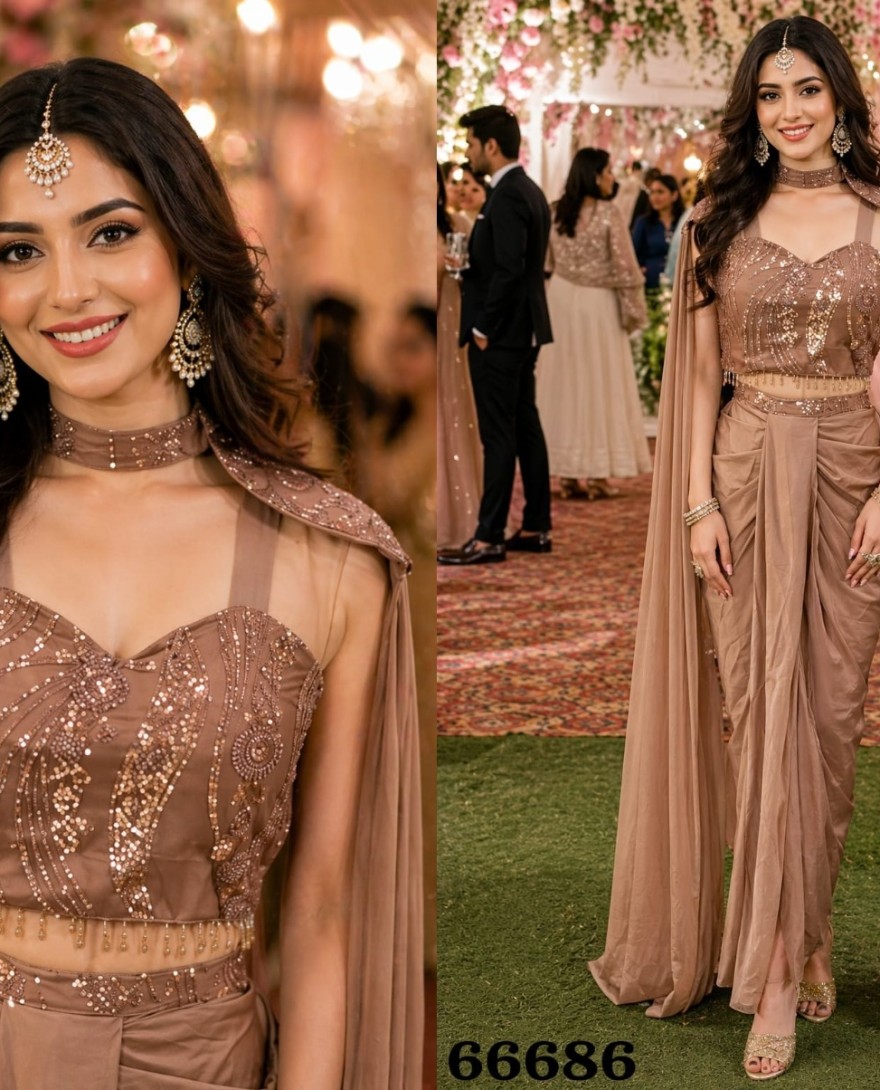 BROWN - Brown Pre-Stitched Saree With Embellished Cape