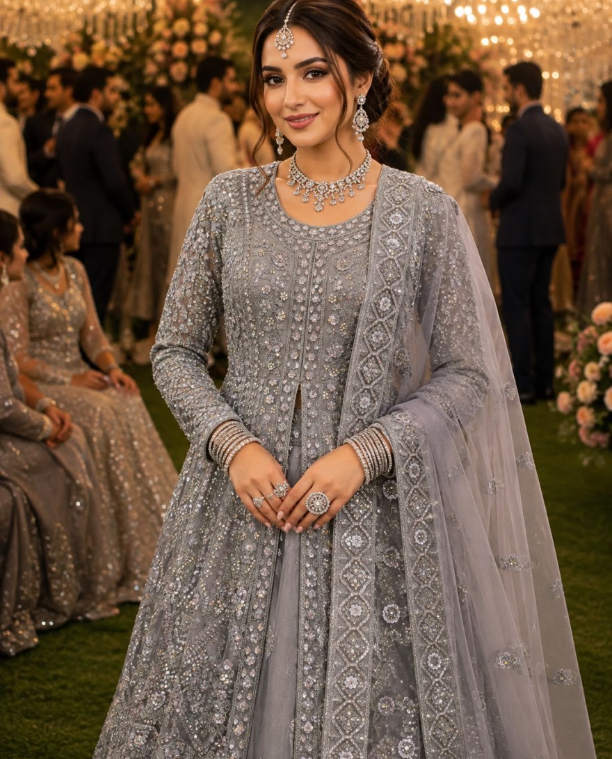 GREY - Grey Net Embroidery Work Festival Wear Readymade Lehenga Choli