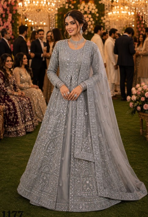 Grey Net Embroidery Work Festival Wear Readymade Lehenga Choli