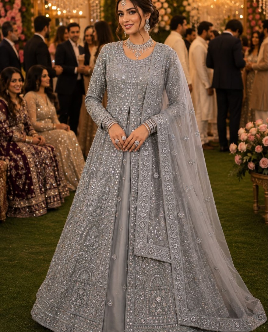 GREY - Grey Net Embroidery Work Festival Wear Readymade Lehenga Choli