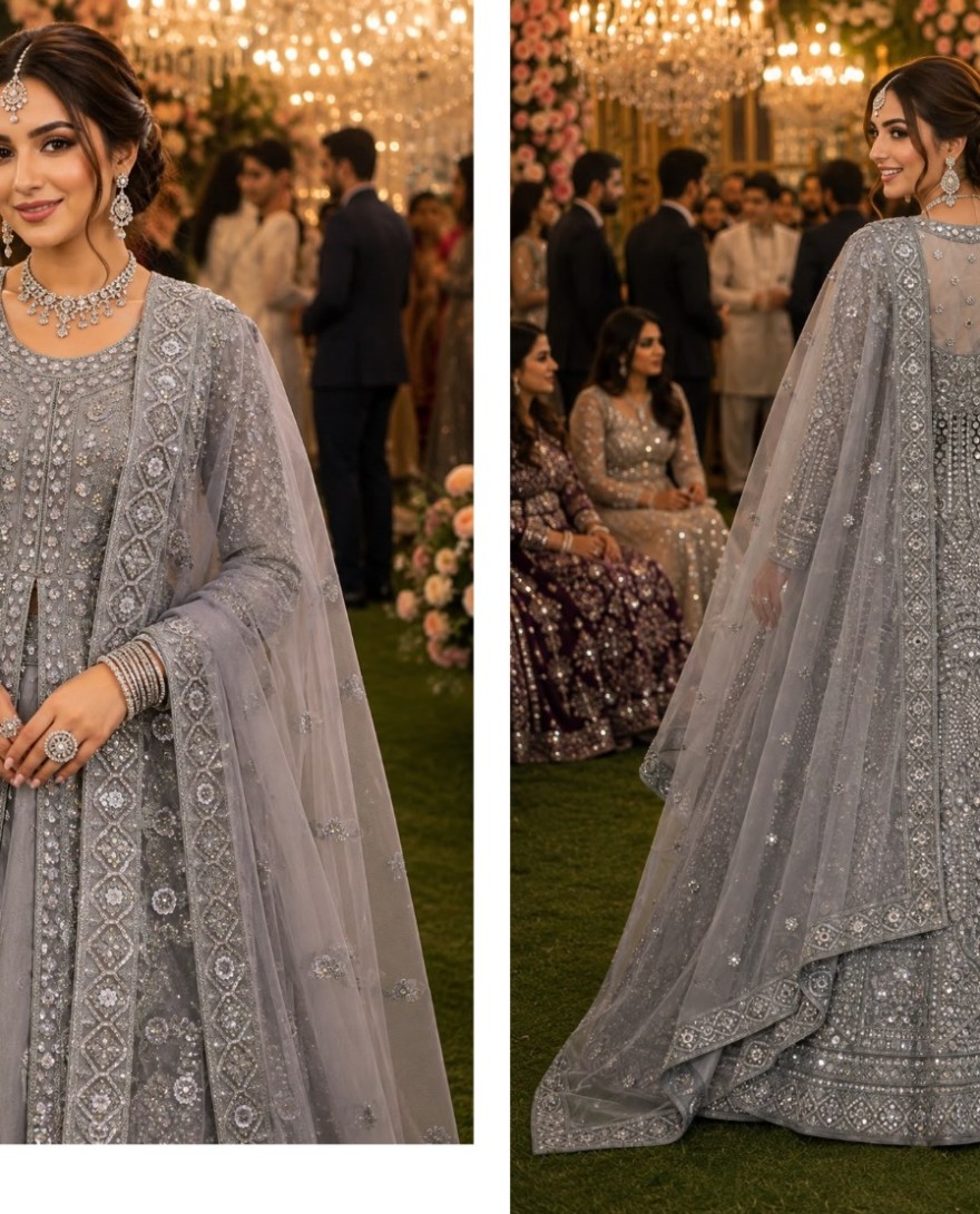 GREY - Grey Net Embroidery Work Festival Wear Readymade Lehenga Choli