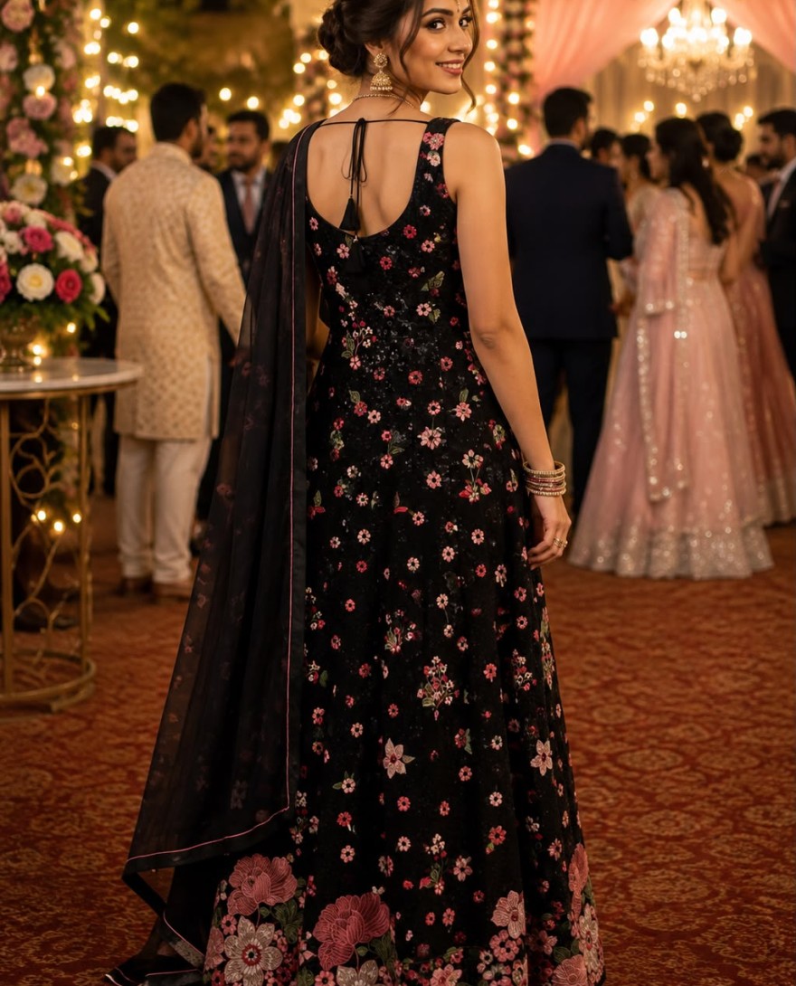 BLACK - Black Georgette Readymade Lehenga Choli with Embroidered Work