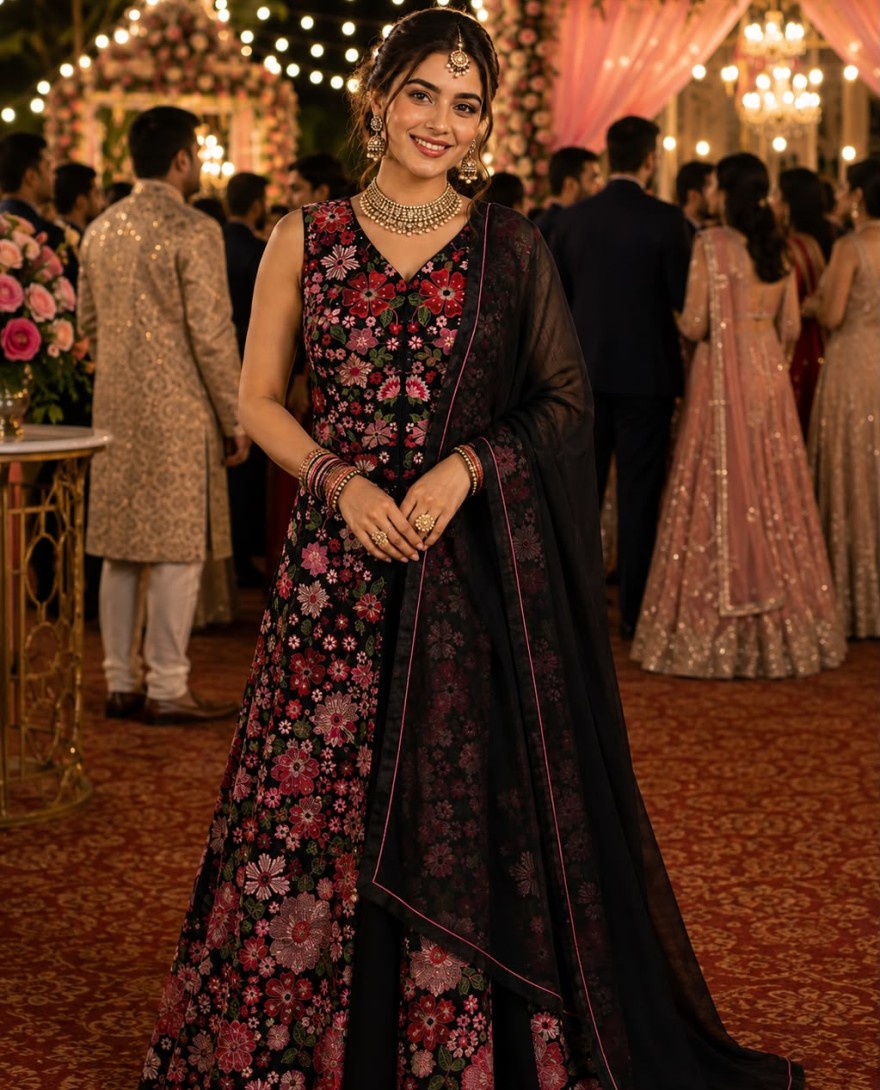 BLACK - Black Georgette Readymade Lehenga Choli with Embroidered Work