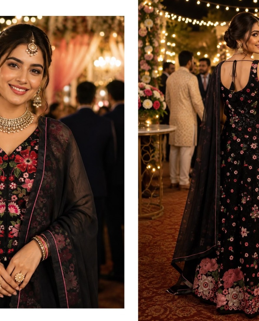 BLACK - Black Georgette Readymade Lehenga Choli with Embroidered Work