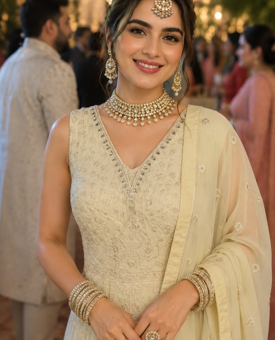 WHITE - Chikankari, Embroidered and Lucknowi Work Work Georgette Designer Gown In Cream Colour