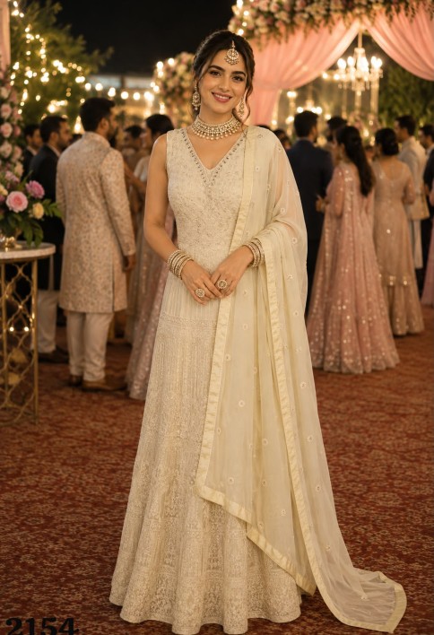 Chikankari, Embroidered and Lucknowi Work Work Georgette Designer Gown In Cream Colour