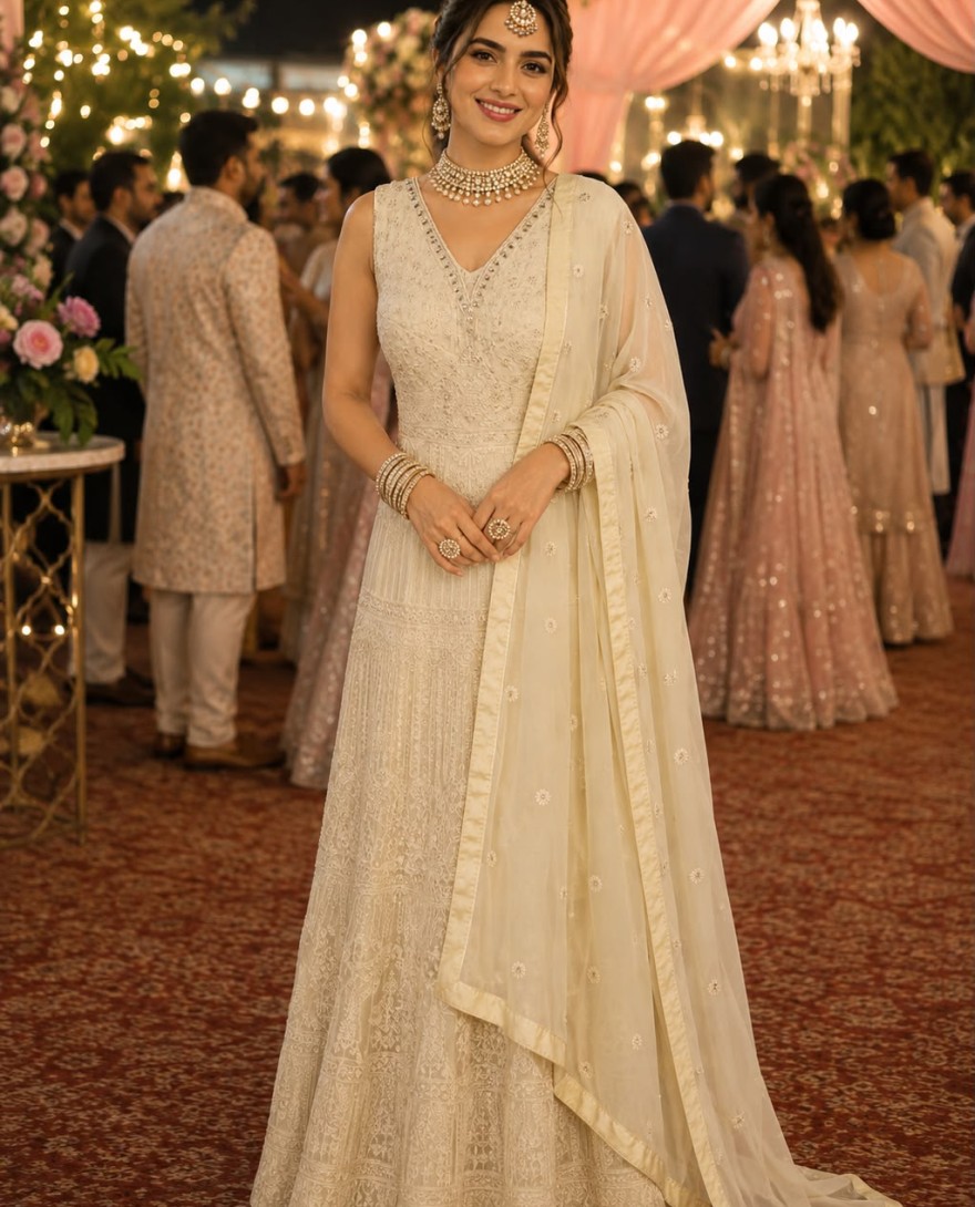 WHITE - Chikankari, Embroidered and Lucknowi Work Work Georgette Designer Gown In Cream Colour