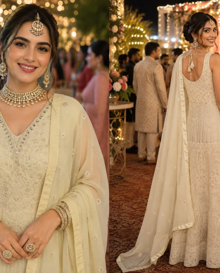 WHITE - Chikankari, Embroidered and Lucknowi Work Work Georgette Designer Gown In Cream Colour