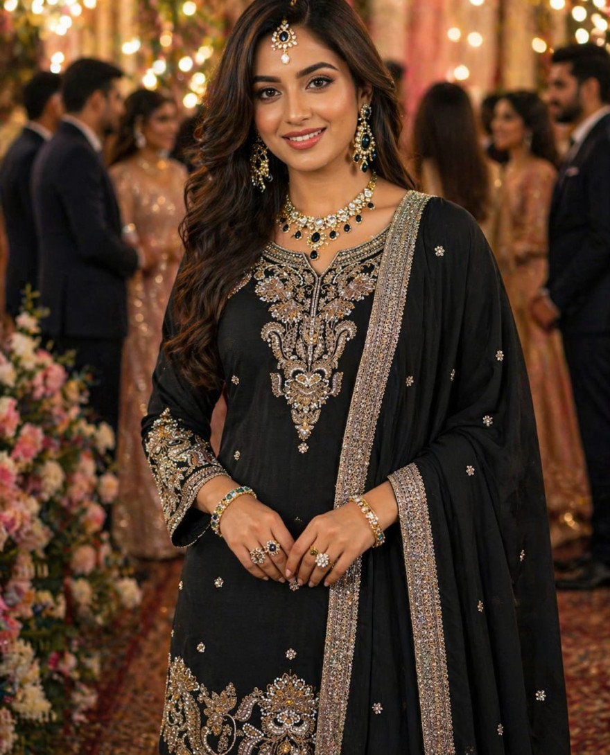 BLACK - Luxury Black Chinon Embroidered Pakistani Palazzo Suit Set with Designer Dupatta