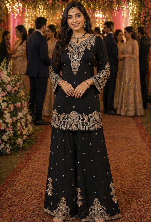 Luxury Black Chinon Embroidered Pakistani Palazzo Suit Set with Designer Dupatta