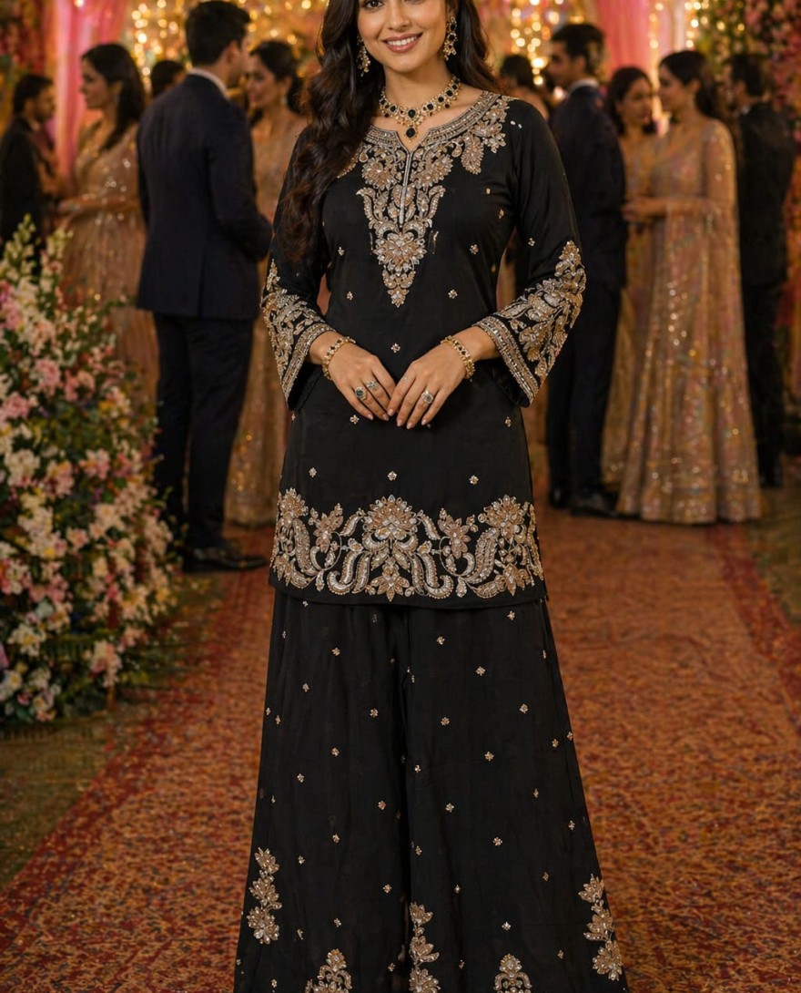 BLACK - Luxury Black Chinon Embroidered Pakistani Palazzo Suit Set with Designer Dupatta
