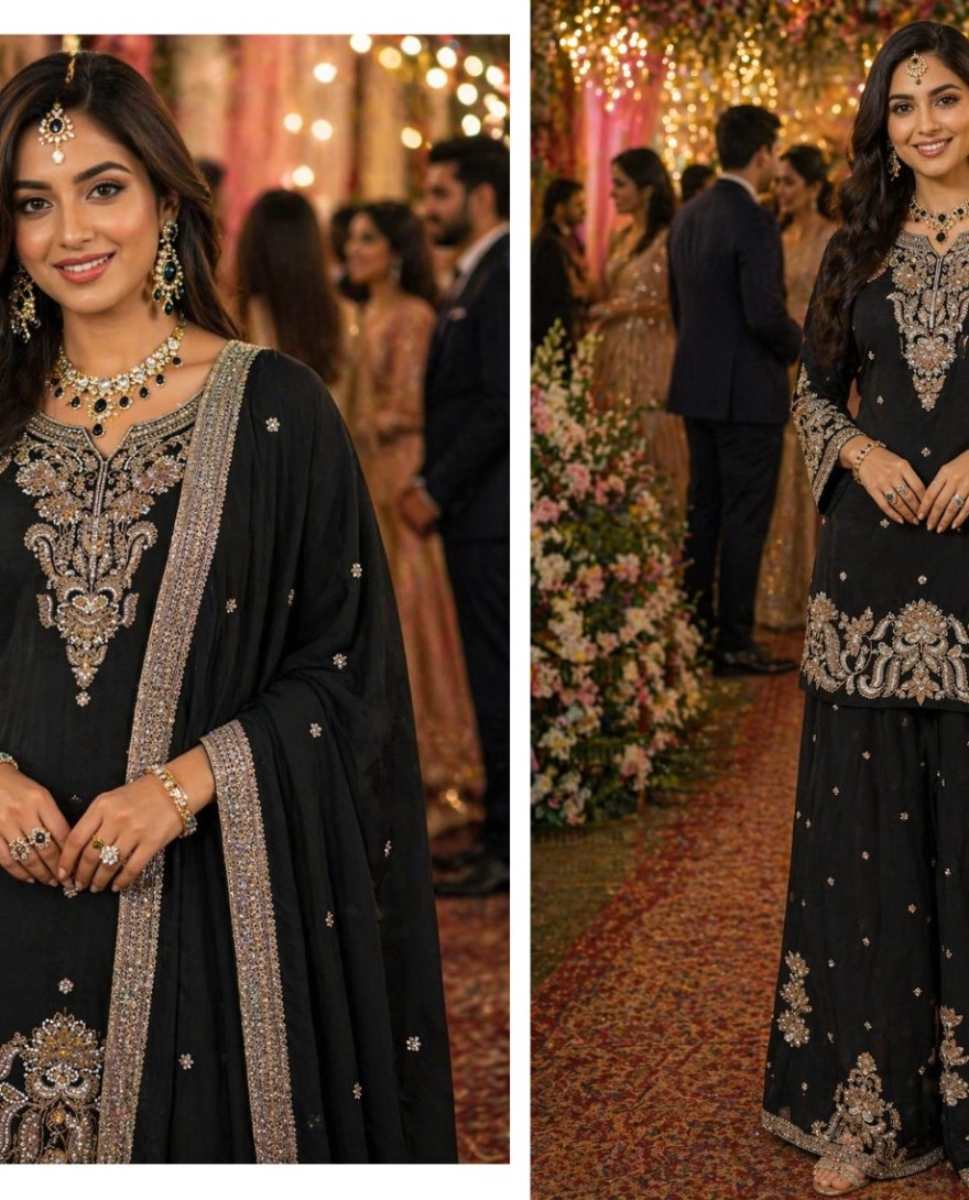 BLACK - Luxury Black Chinon Embroidered Pakistani Palazzo Suit Set with Designer Dupatta
