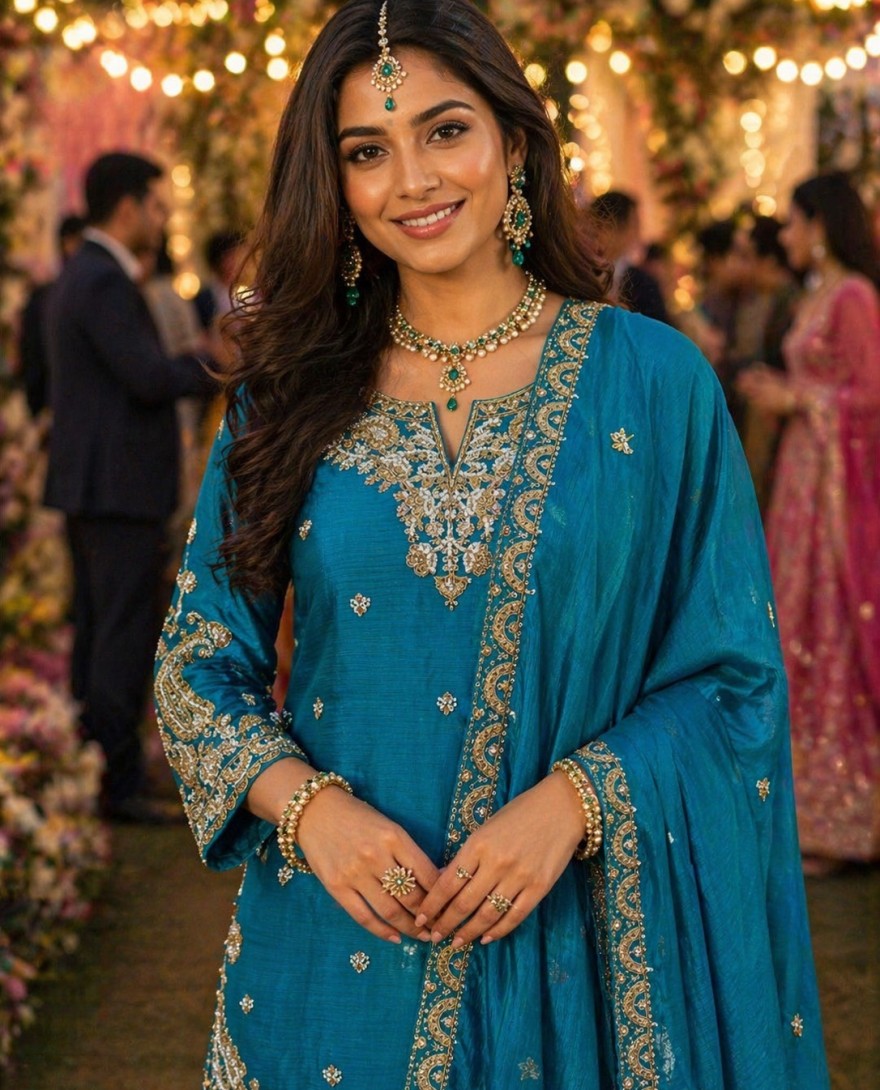 BLUE - Adorable Teal Blue Chinon Embroidered Pakistani Palazzo Suit Set with Designer Dupatta