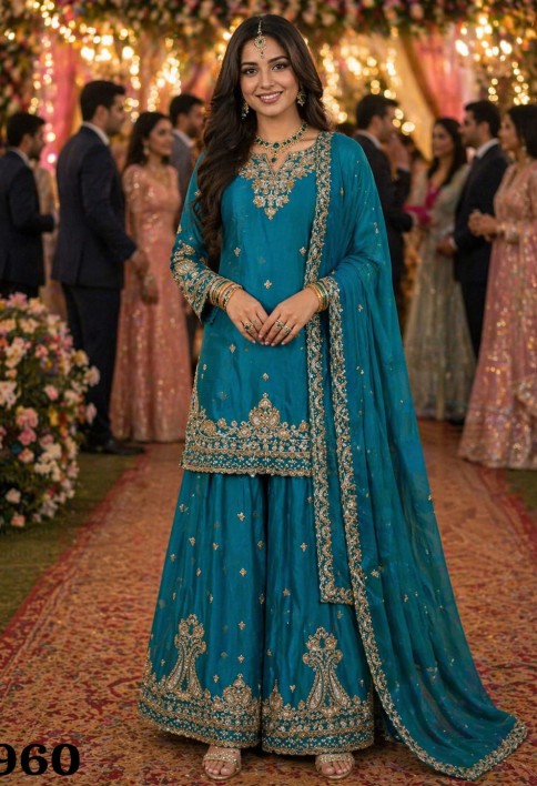 Adorable Teal Blue Chinon Embroidered Pakistani Palazzo Suit Set with Designer Dupatta