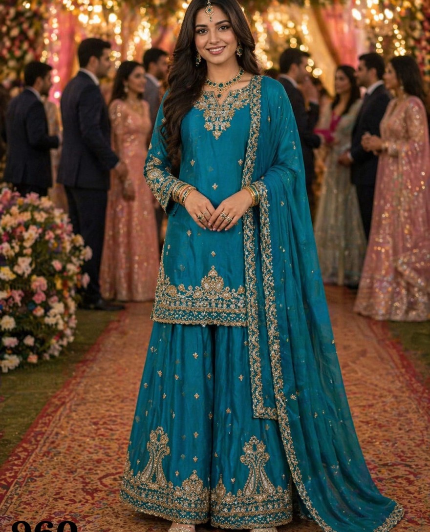 BLUE - Adorable Teal Blue Chinon Embroidered Pakistani Palazzo Suit Set with Designer Dupatta
