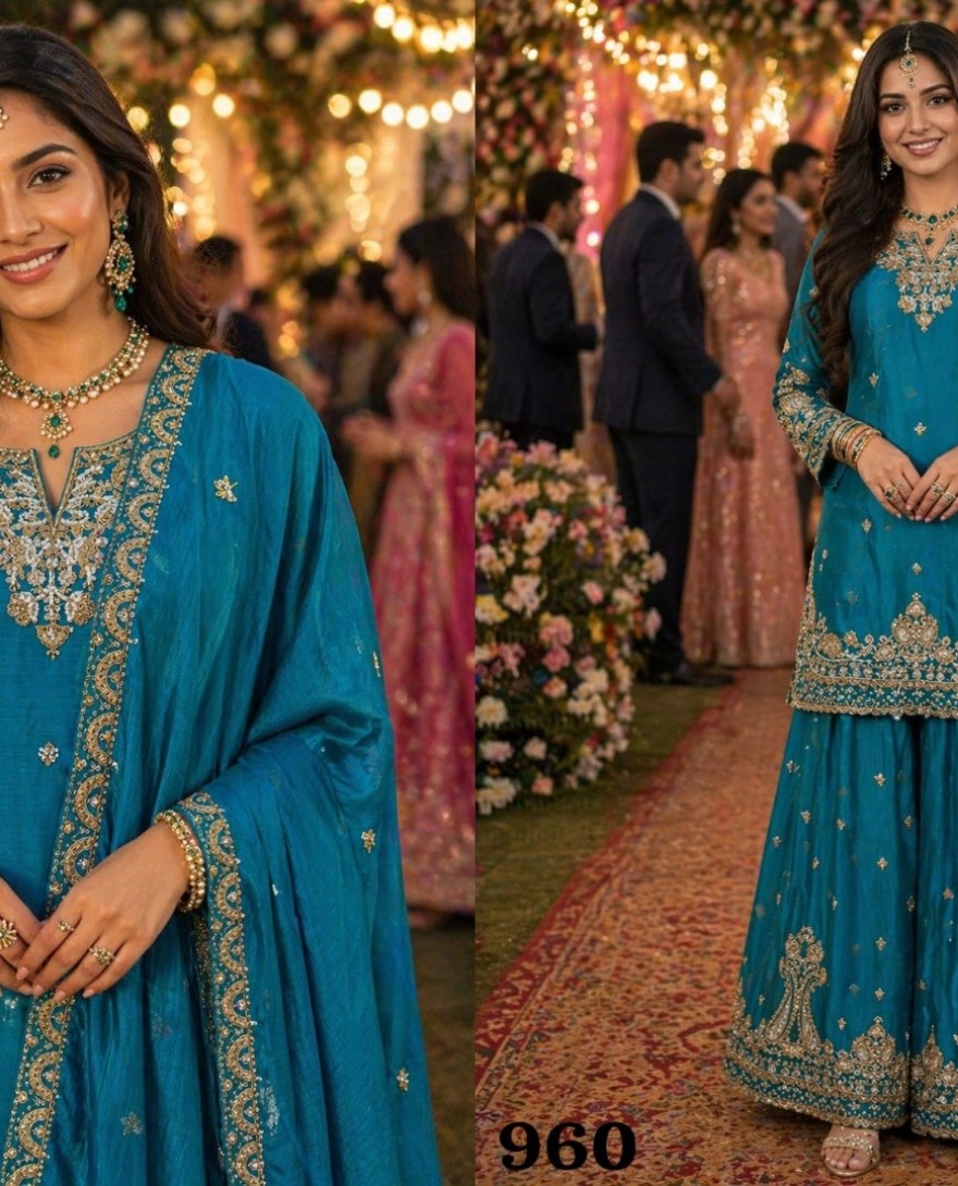 BLUE - Adorable Teal Blue Chinon Embroidered Pakistani Palazzo Suit Set with Designer Dupatta
