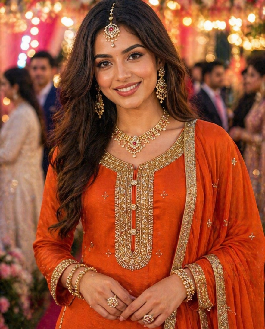 ORANGE - Elegant Orange Chinon Heavy Embroidered Pakistani Palazzo Suit Set with Designer Dupatta
