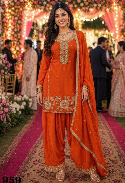 Elegant Orange Chinon Heavy Embroidered Pakistani Palazzo Suit Set with Designer Dupatta