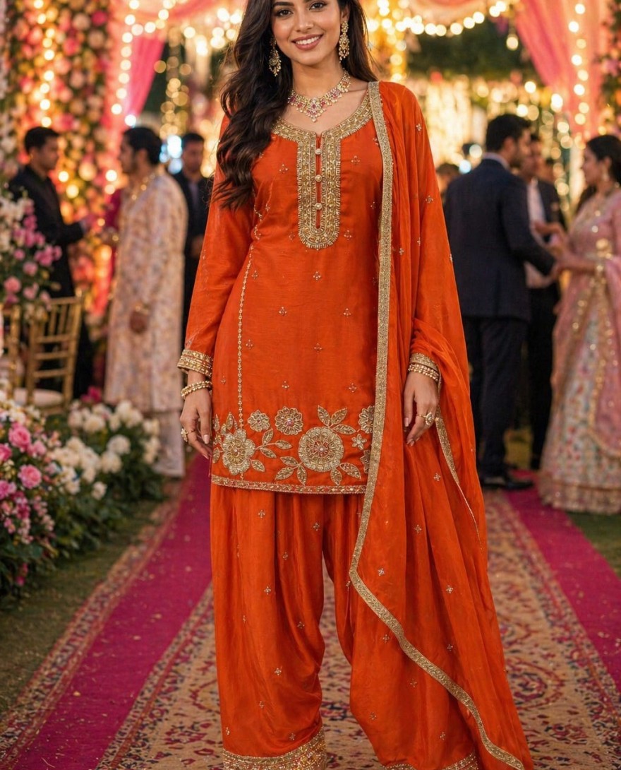 ORANGE - Elegant Orange Chinon Heavy Embroidered Pakistani Palazzo Suit Set with Designer Dupatta