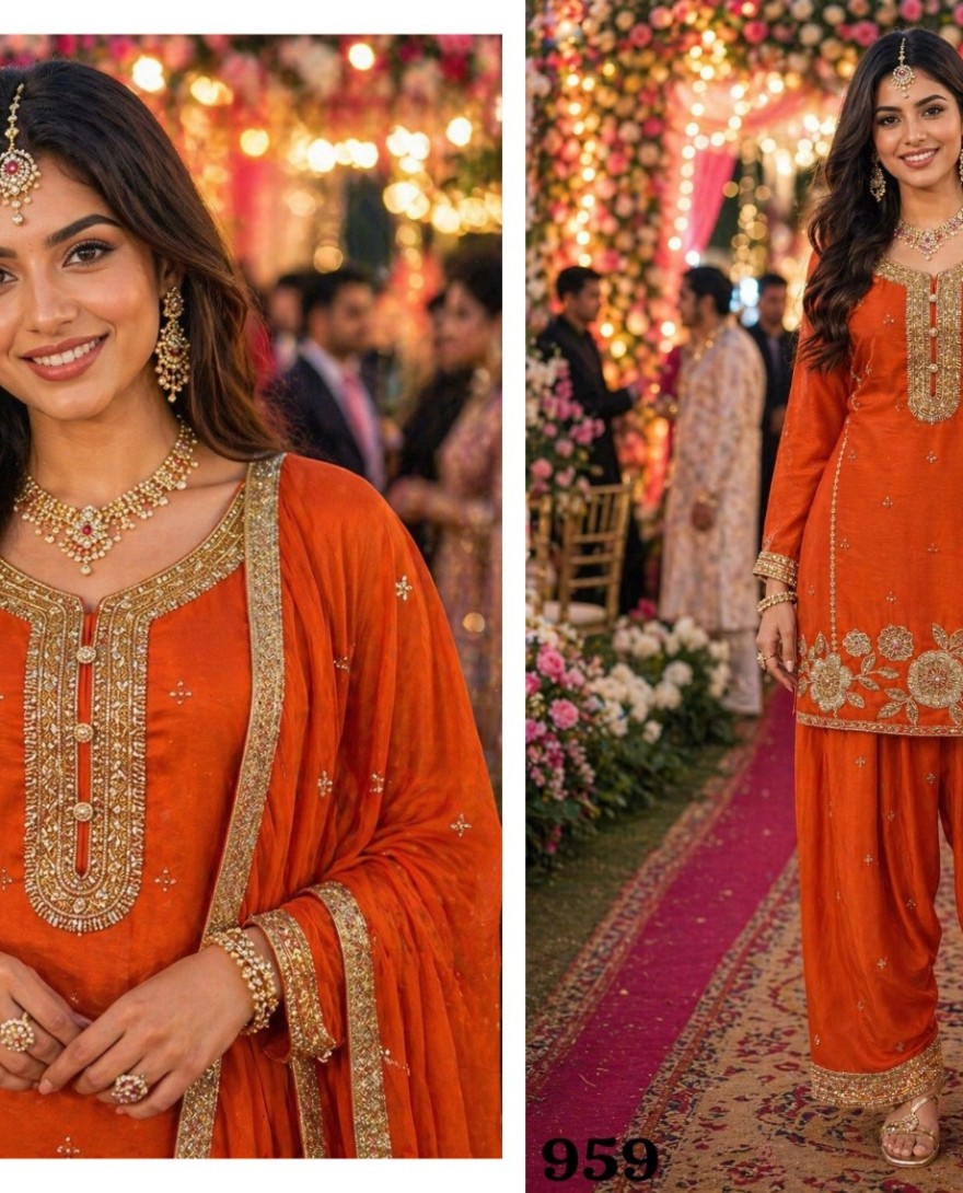 ORANGE - Elegant Orange Chinon Heavy Embroidered Pakistani Palazzo Suit Set with Designer Dupatta