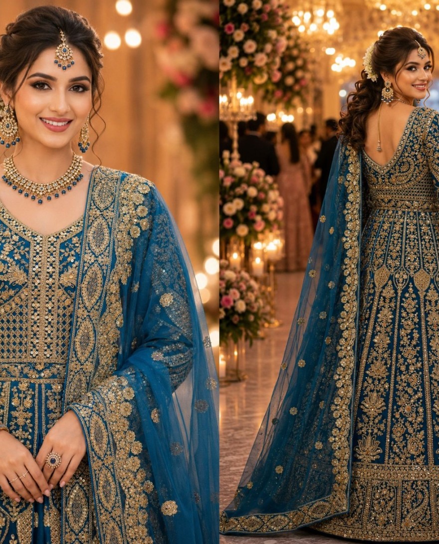 BLUE - Blue Embroidered Net Designer Lehenga Choli