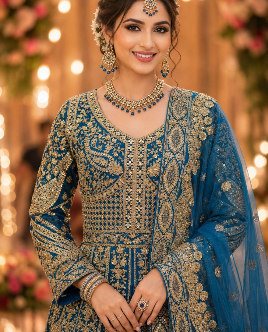 BLUE - Blue Embroidered Net Designer Lehenga Choli
