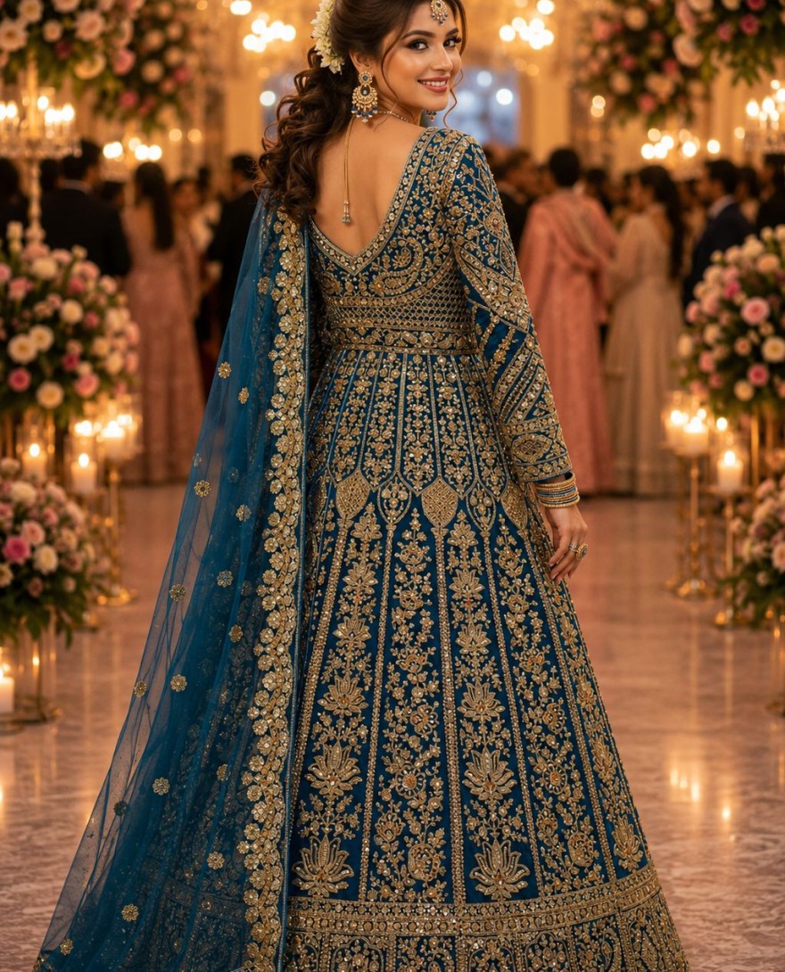 BLUE - Blue Embroidered Net Designer Lehenga Choli
