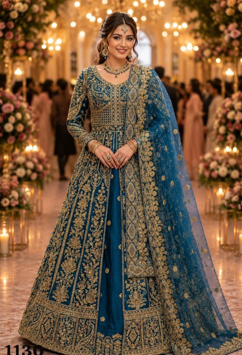 Blue Embroidered Net Designer Lehenga Choli