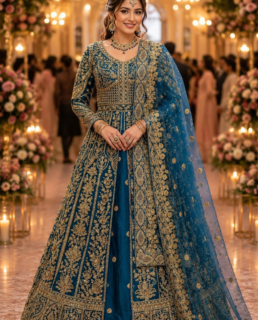 BLUE - Blue Embroidered Net Designer Lehenga Choli