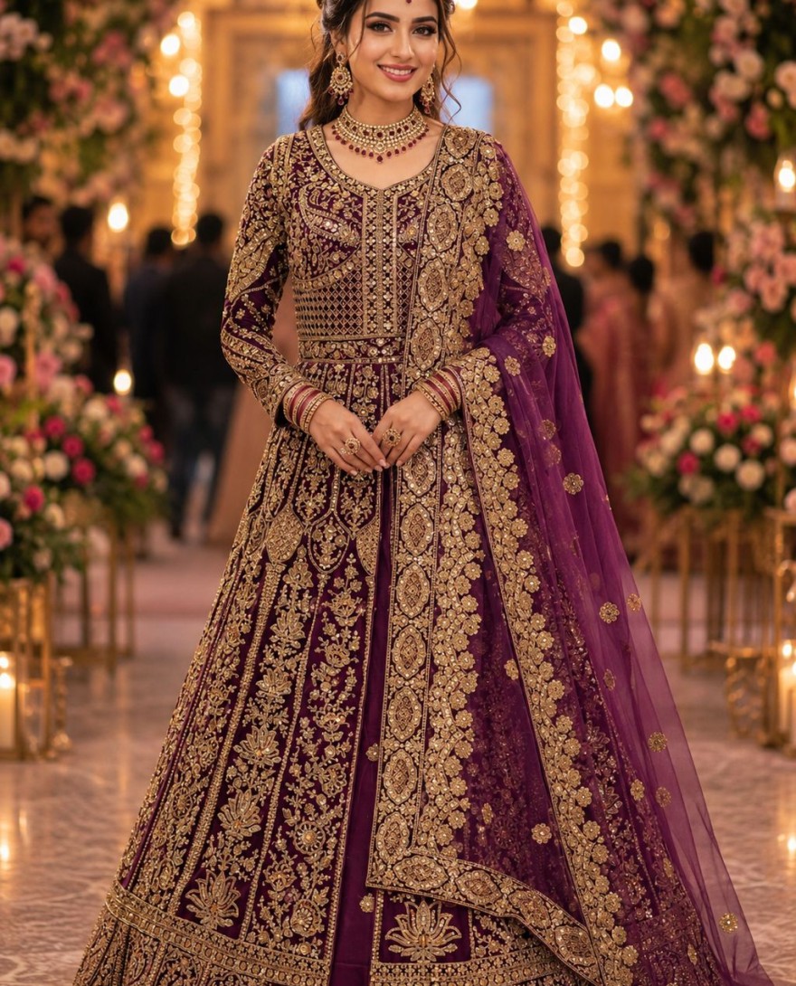 PURPLE - Purple Embroidered Net Designer Lehenga Choli