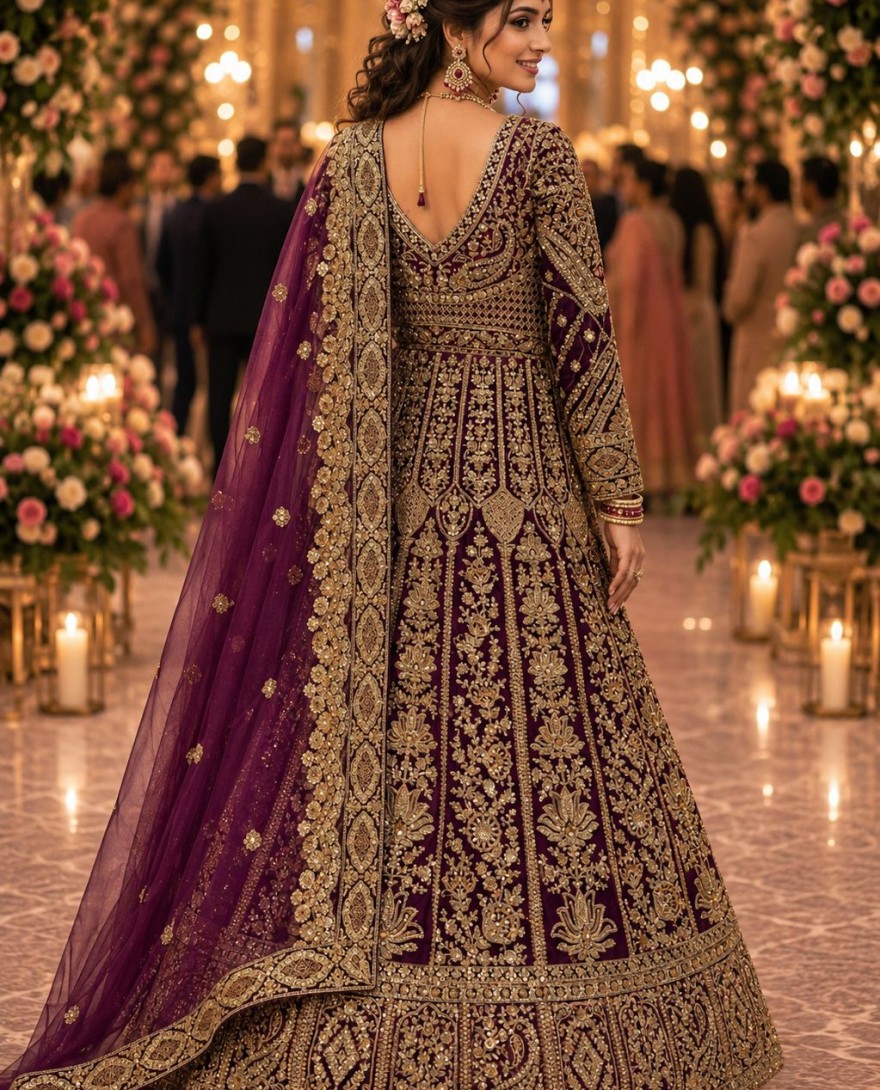 PURPLE - Purple Embroidered Net Designer Lehenga Choli