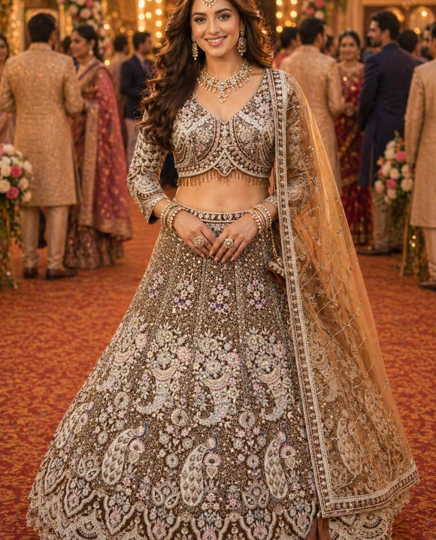 BEIGE - Net Embroidered Designer Lehenga Choli