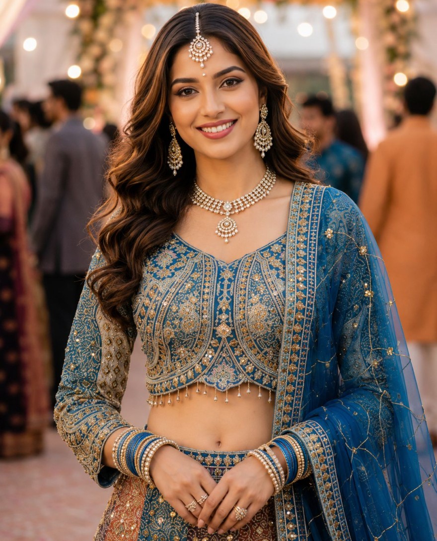 BLUE - Multi Colour Net Lehenga Choli with Embroidered, Resham and Zari Work