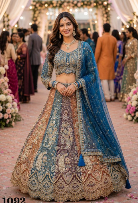 Multi Colour Net Lehenga Choli with Embroidered, Resham and Zari Work