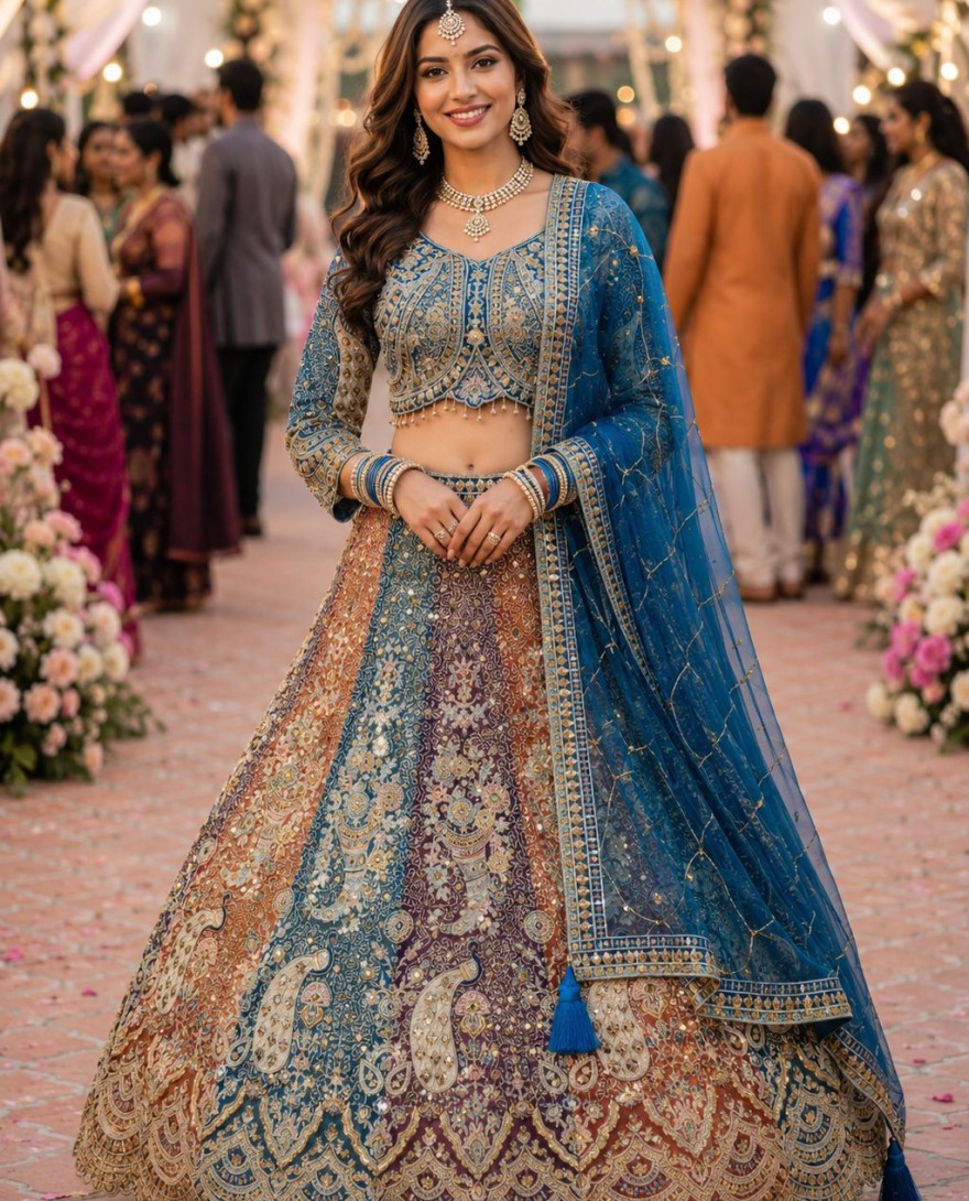 BLUE - Multi Colour Net Lehenga Choli with Embroidered, Resham and Zari Work