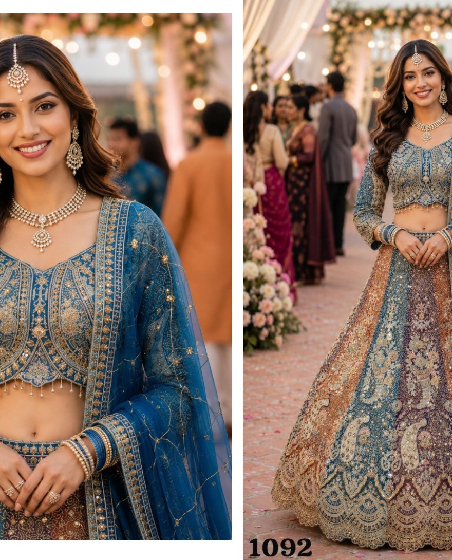 BLUE - Multi Colour Net Lehenga Choli with Embroidered, Resham and Zari Work
