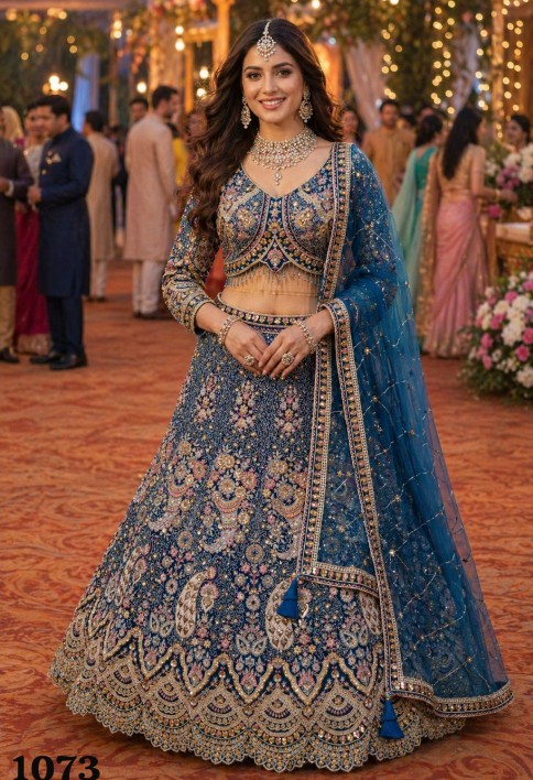 Teal Net Lehenga Choli For Wedding