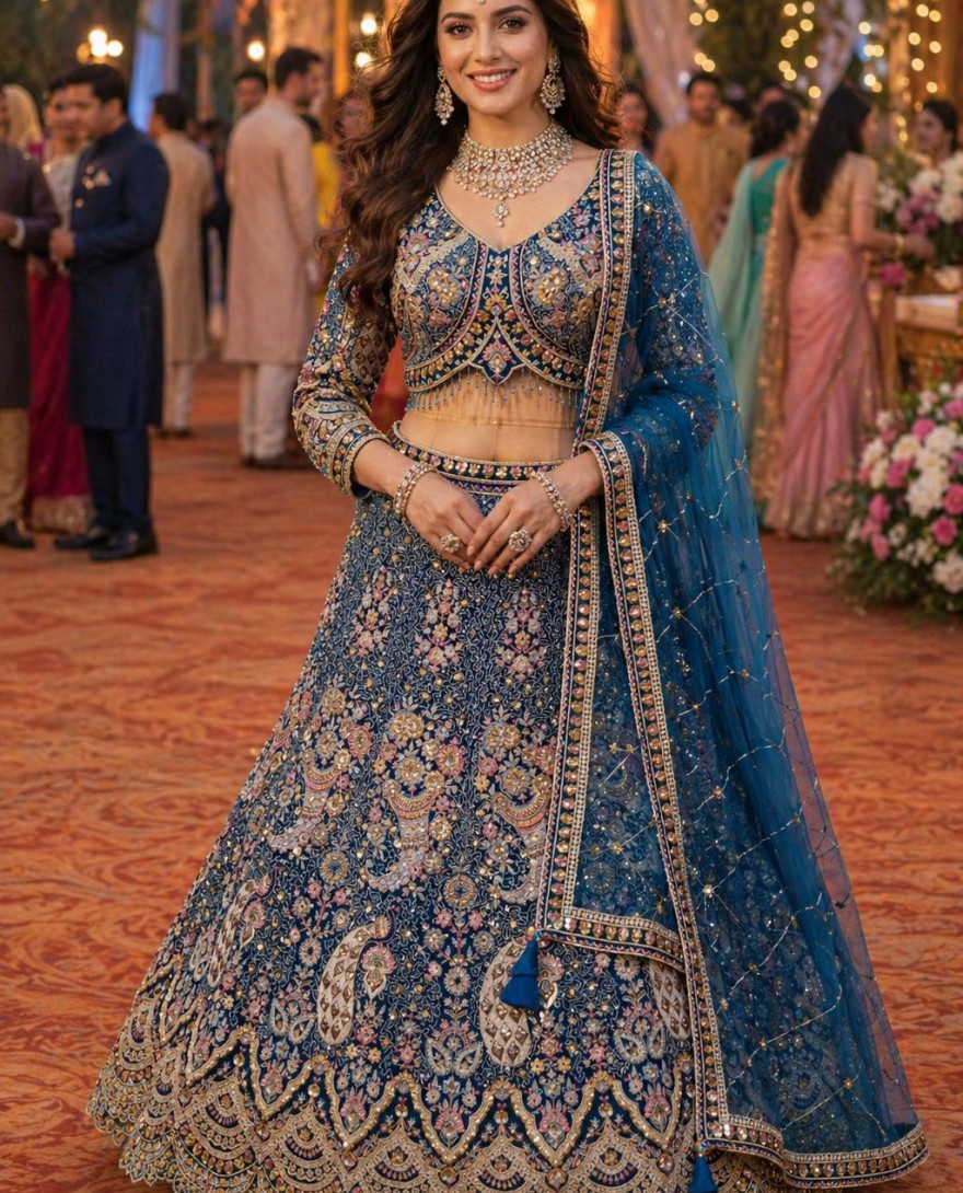 BLUE - Teal Net Lehenga Choli For Wedding